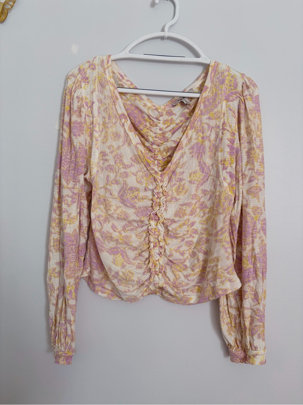 Free People Pink & Cream Floral Ruched V-Neck Top